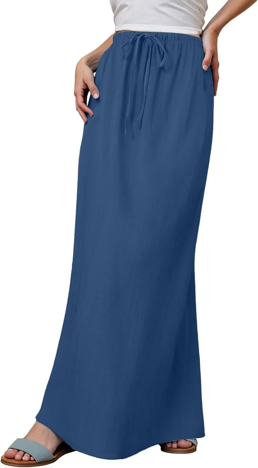 Linen Maxi Skirts for Women Trendy Summer Comfy Drawstring Waist A Line Skirts Cute Vacation Boho Long Flowy Skirt