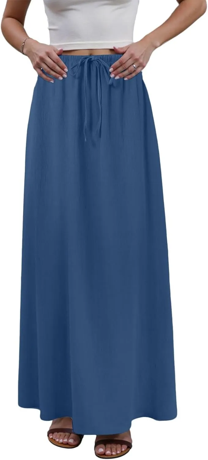Linen Maxi Skirts for Women Trendy Summer Comfy Drawstring Waist A Line Skirts Cute Vacation Boho Long Flowy Skirt