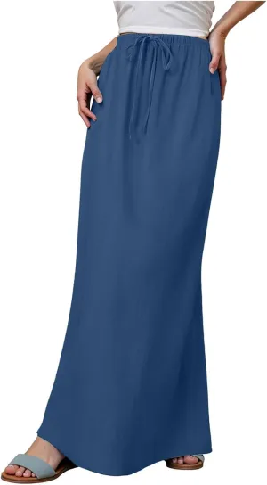 Linen Maxi Skirts for Women Trendy Summer Comfy Drawstring Waist A Line Skirts Cute Vacation Boho Long Flowy Skirt