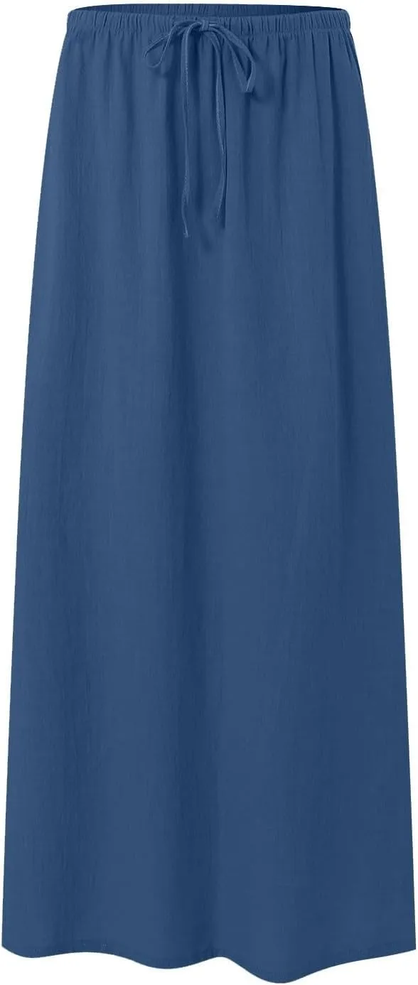 Linen Maxi Skirts for Women Trendy Summer Comfy Drawstring Waist A Line Skirts Cute Vacation Boho Long Flowy Skirt