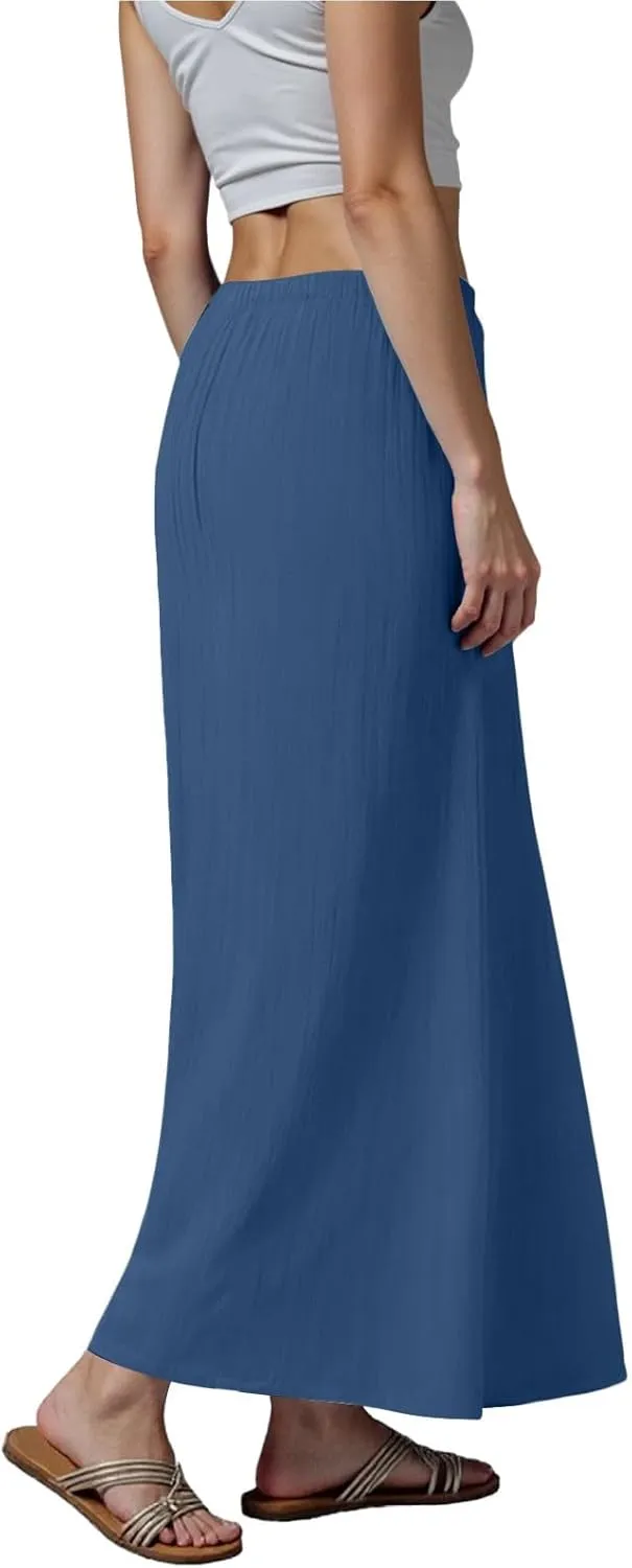 Linen Maxi Skirts for Women Trendy Summer Comfy Drawstring Waist A Line Skirts Cute Vacation Boho Long Flowy Skirt