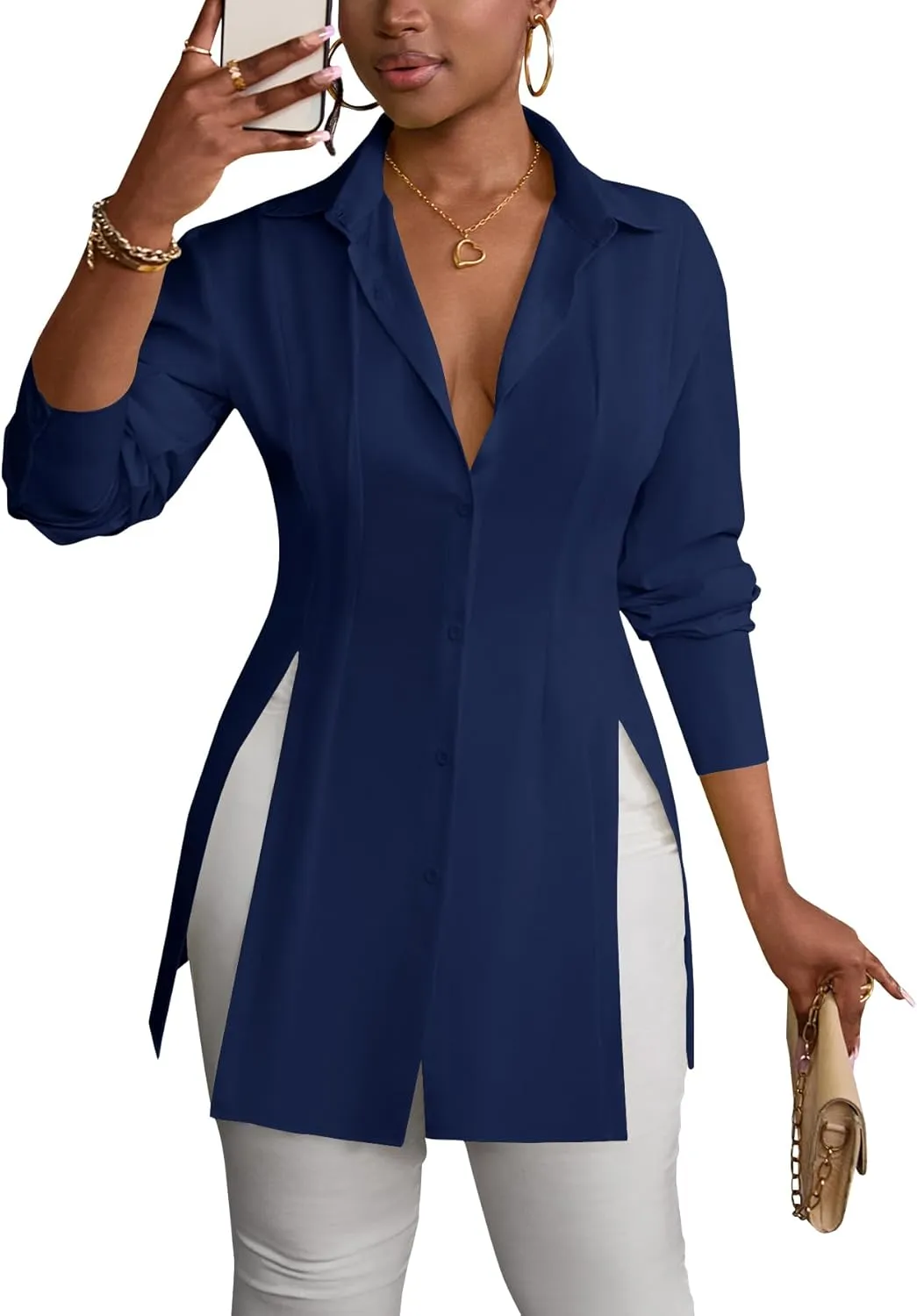 LYANER Women's Button Down Shirt Dress Collar V Neck Long Sleeve Slit Sexy Shirt Dresses