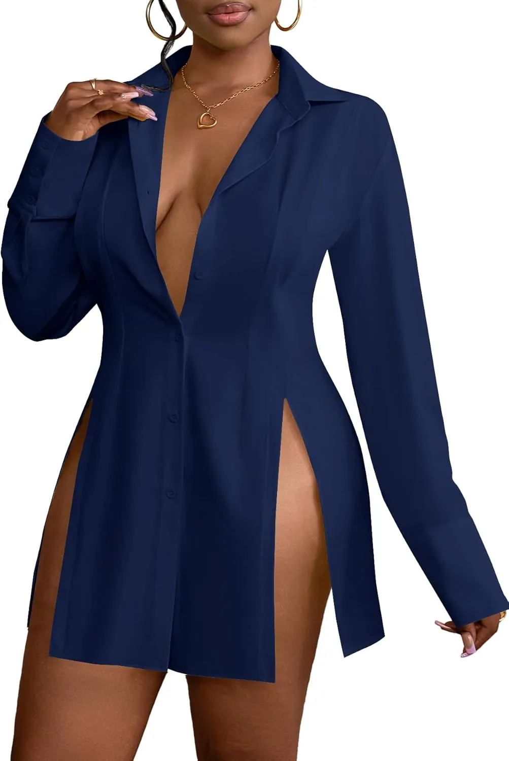 LYANER Women's Button Down Shirt Dress Collar V Neck Long Sleeve Slit Sexy Shirt Dresses