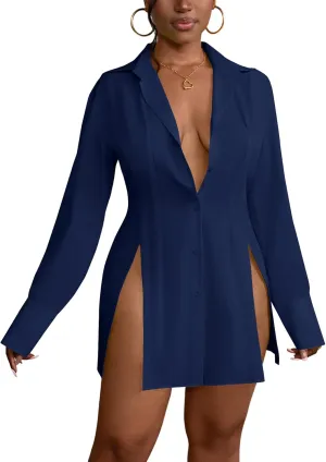 LYANER Women's Button Down Shirt Dress Collar V Neck Long Sleeve Slit Sexy Shirt Dresses