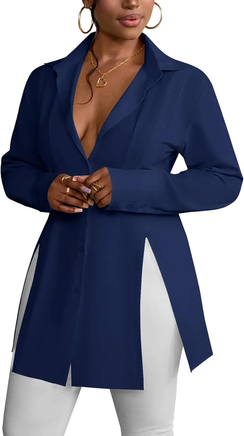 LYANER Women's Button Down Shirt Dress Collar V Neck Long Sleeve Slit Sexy Shirt Dresses