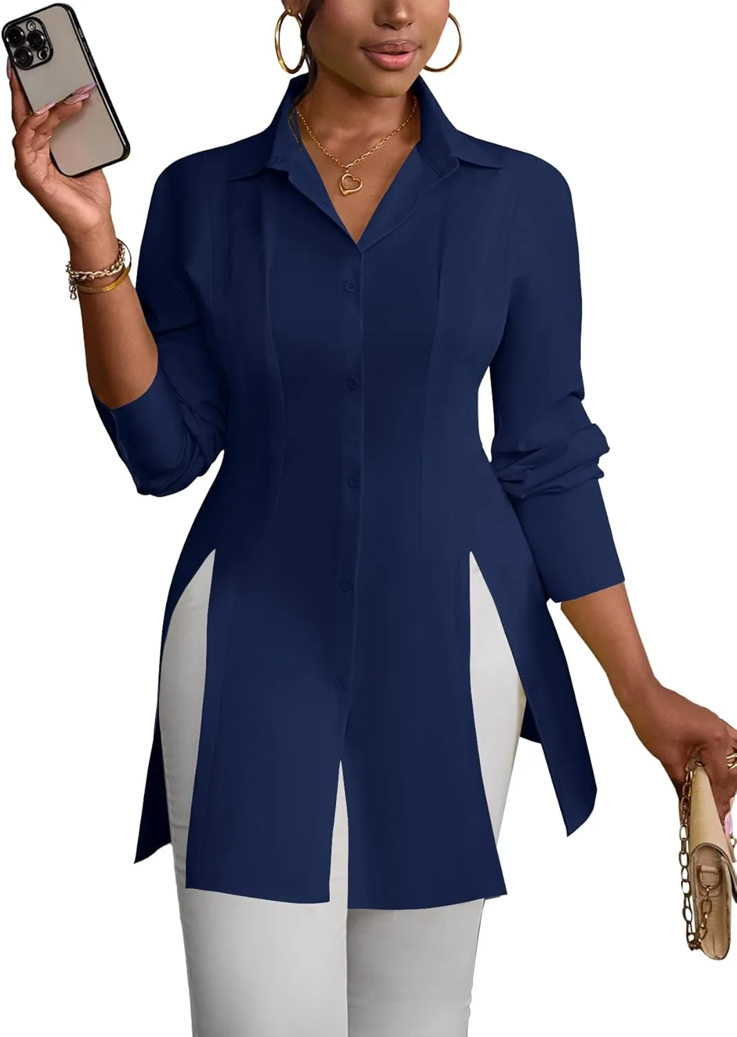 LYANER Women's Button Down Shirt Dress Collar V Neck Long Sleeve Slit Sexy Shirt Dresses