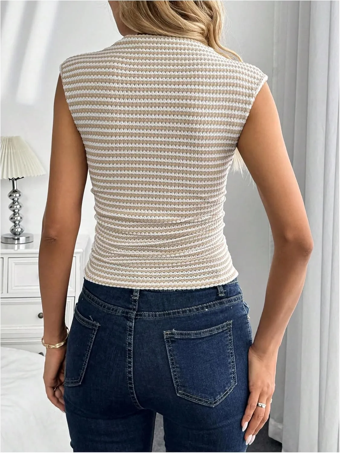 MakeMeChic Women's Striped Waffle Knit Tank Top Mock Neck Ruched Sleeveless Shirt Tops