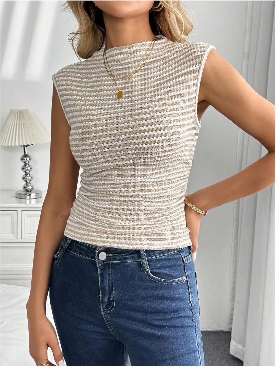 MakeMeChic Women's Striped Waffle Knit Tank Top Mock Neck Ruched Sleeveless Shirt Tops