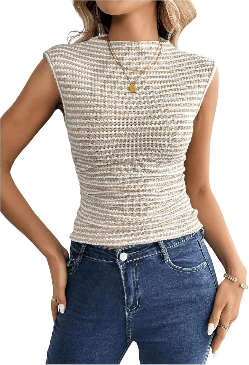 MakeMeChic Women's Striped Waffle Knit Tank Top Mock Neck Ruched Sleeveless Shirt Tops
