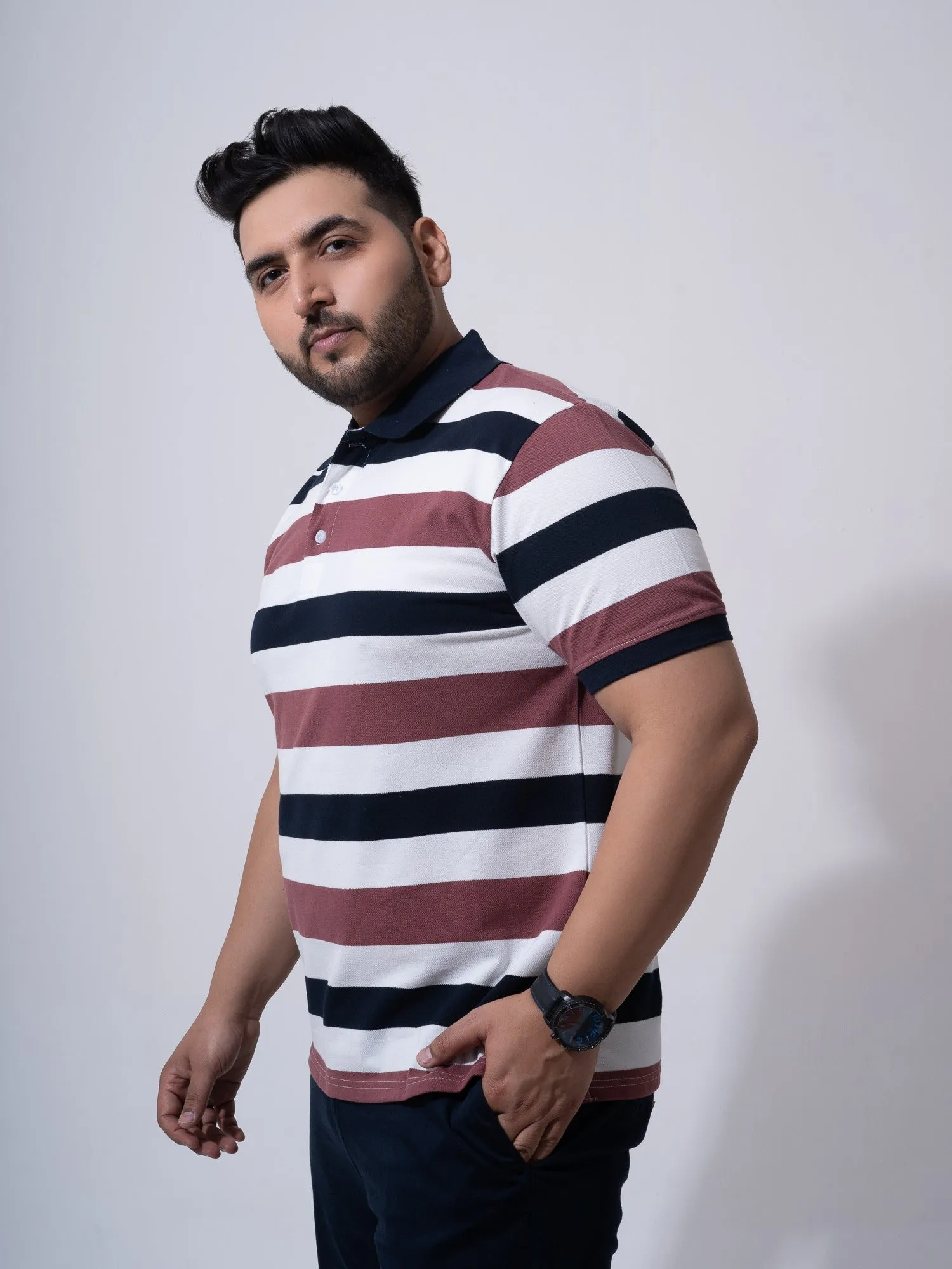 Maroon White Navy Striped Polo T-shirt