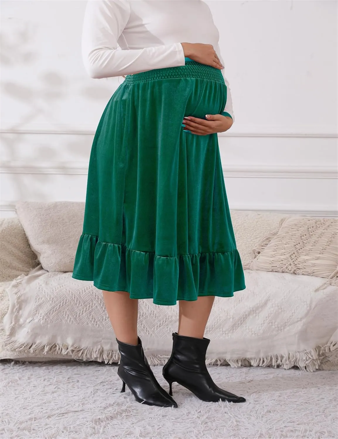 Maternity Skirt Women's High Waist Maternity Skirts Ruffled Tiered Casual A Line Swing Boho Skirts for Women
