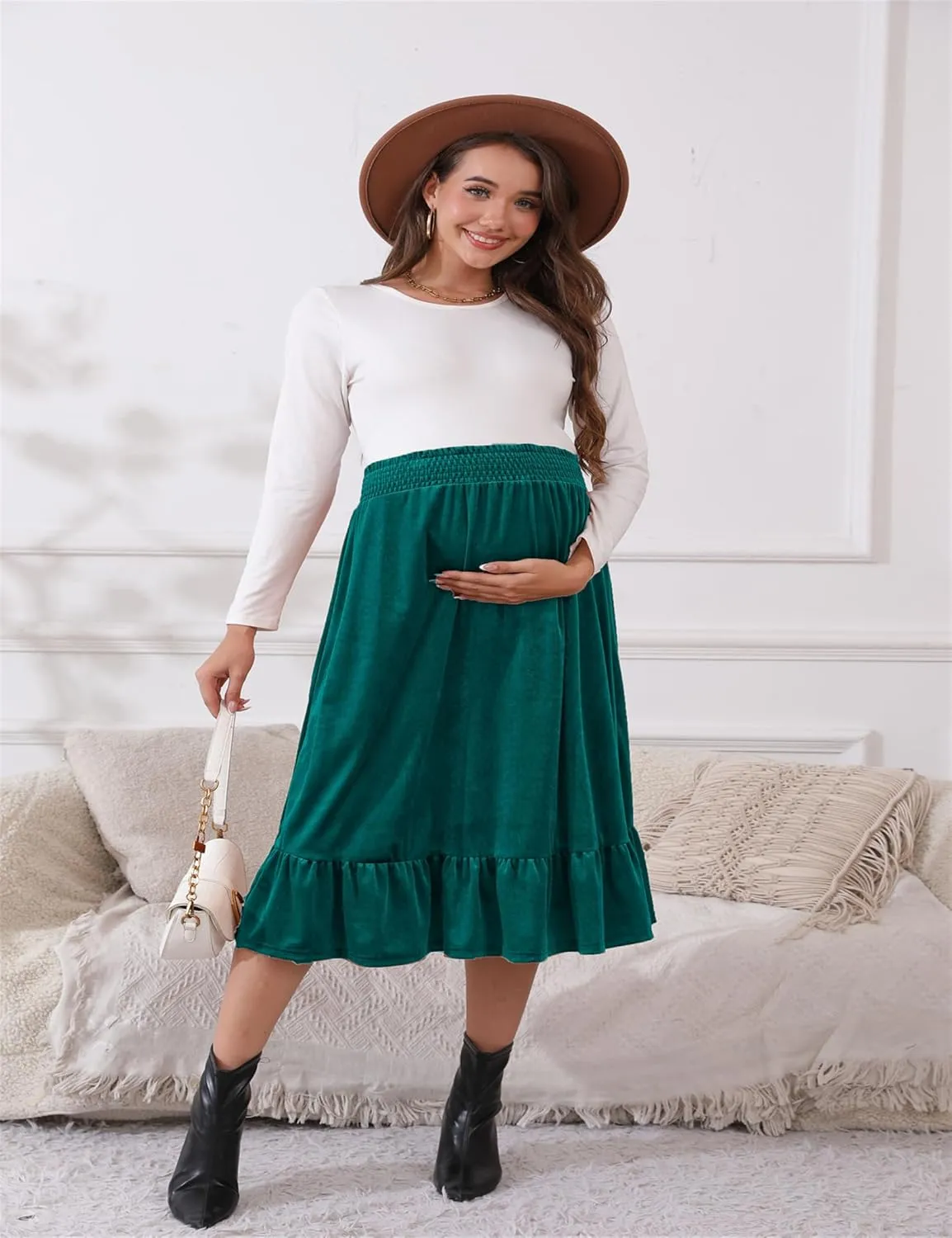 Maternity Skirt Women's High Waist Maternity Skirts Ruffled Tiered Casual A Line Swing Boho Skirts for Women