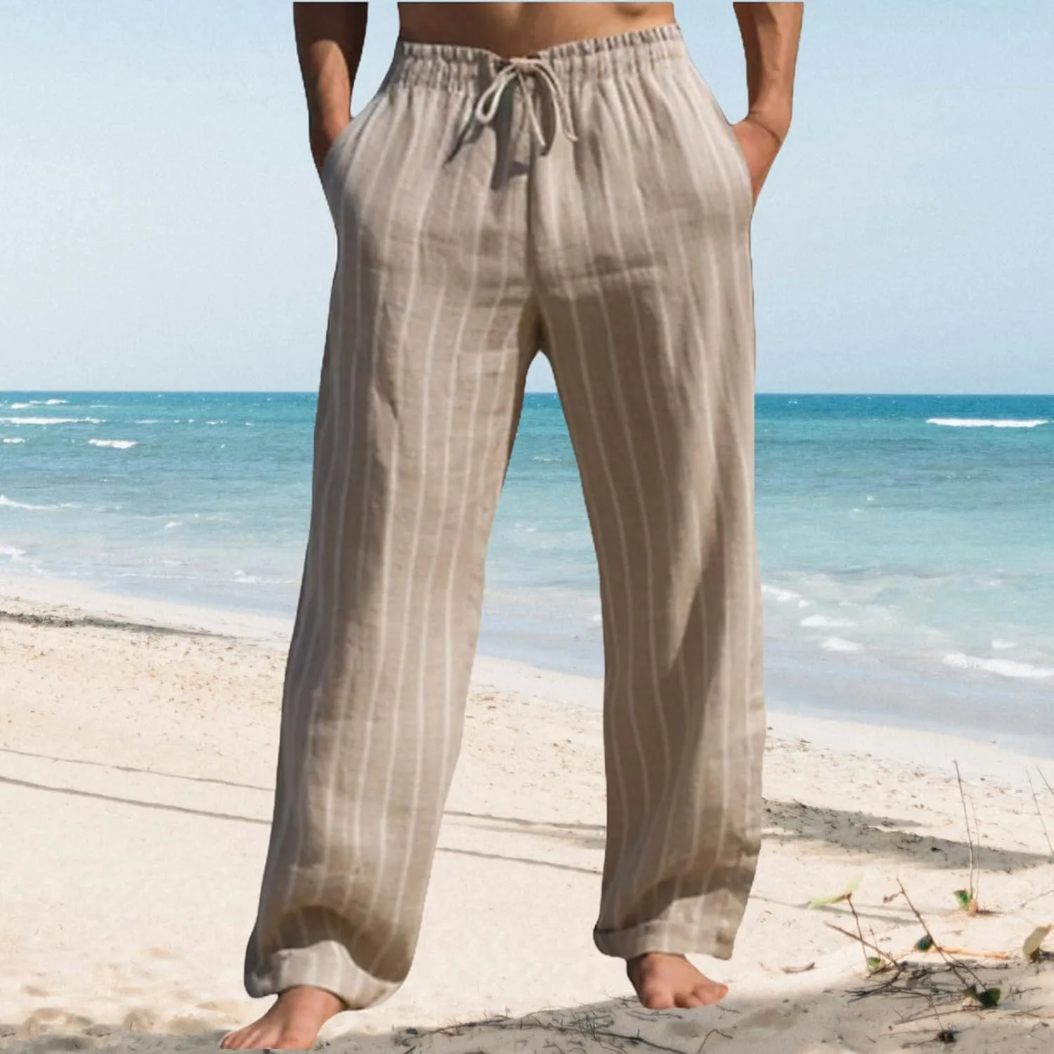Mens Linen Loose Fit Boho Elastic Drawstring Waist Casual Summer Beach Yoga Travel Baggy Work Pajama Trousers Pants