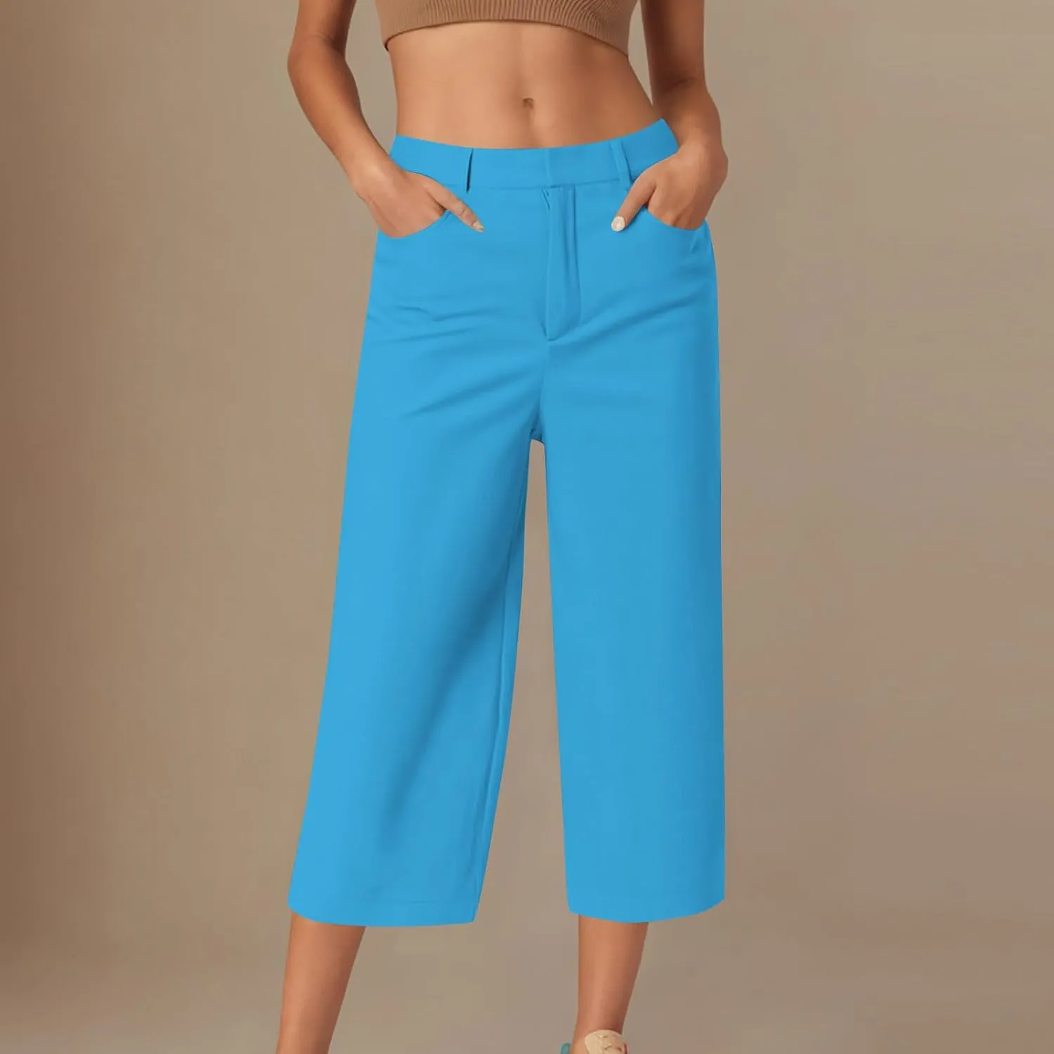 NaRHbrg Capri Pants for Women High Waisted Wide Leg Palazzo Trousers Solid Causal Dressy Pants Loose Lounge Pant with Pockets