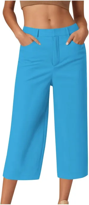 NaRHbrg Capri Pants for Women High Waisted Wide Leg Palazzo Trousers Solid Causal Dressy Pants Loose Lounge Pant with Pockets