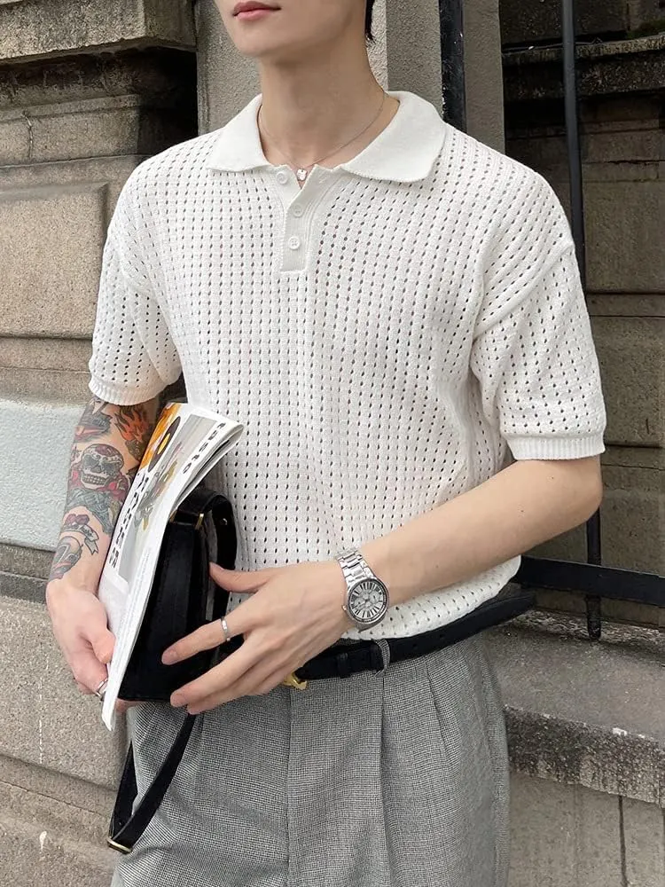 PEHMEA Man's Mesh Breathable Lapel Knit Short Sleeves T Shirt Casual Pullover Hollow Out Polo Shirts Loose Top