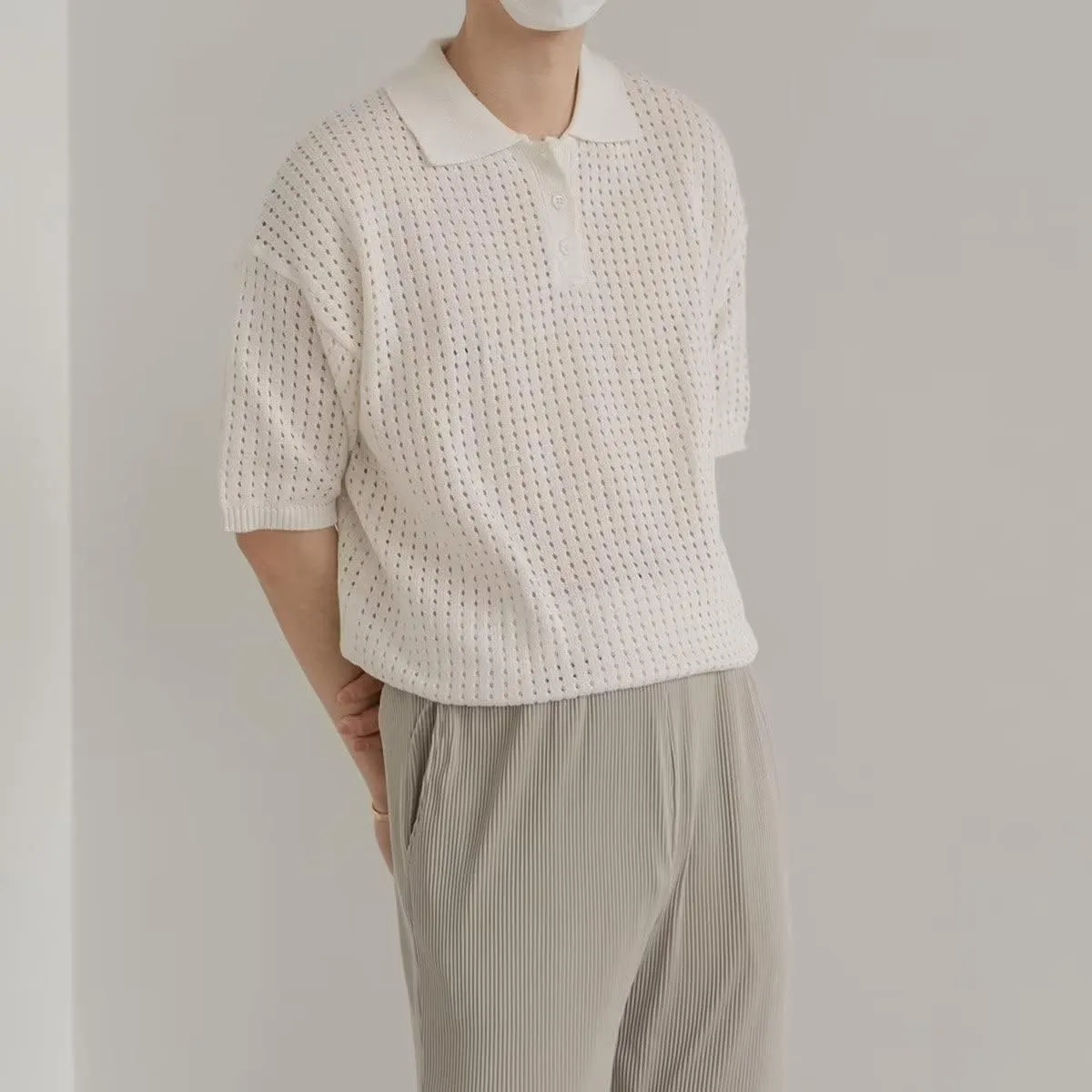 PEHMEA Man's Mesh Breathable Lapel Knit Short Sleeves T Shirt Casual Pullover Hollow Out Polo Shirts Loose Top