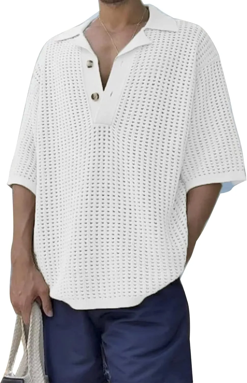 PEHMEA Man's Mesh Breathable Lapel Knit Short Sleeves T Shirt Casual Pullover Hollow Out Polo Shirts Loose Top