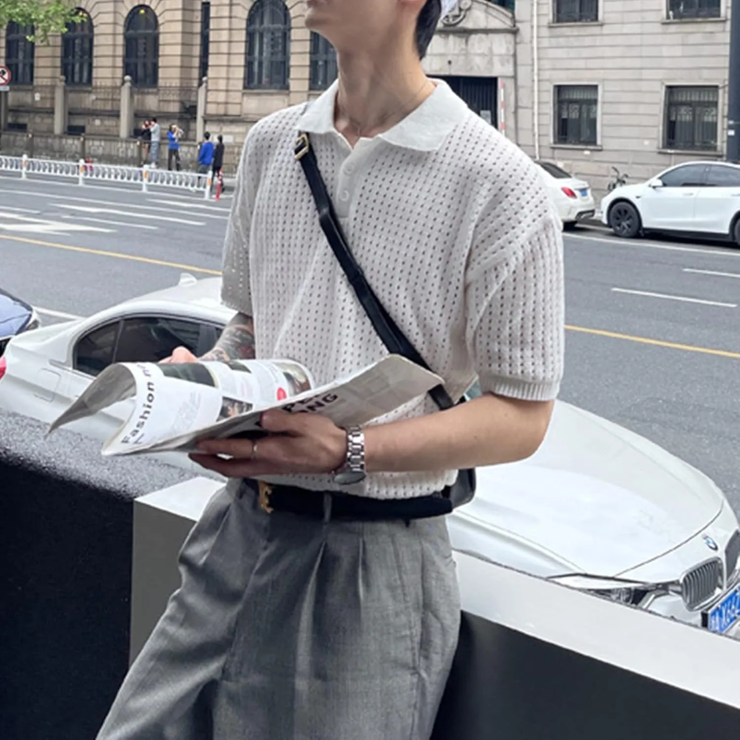 PEHMEA Man's Mesh Breathable Lapel Knit Short Sleeves T Shirt Casual Pullover Hollow Out Polo Shirts Loose Top