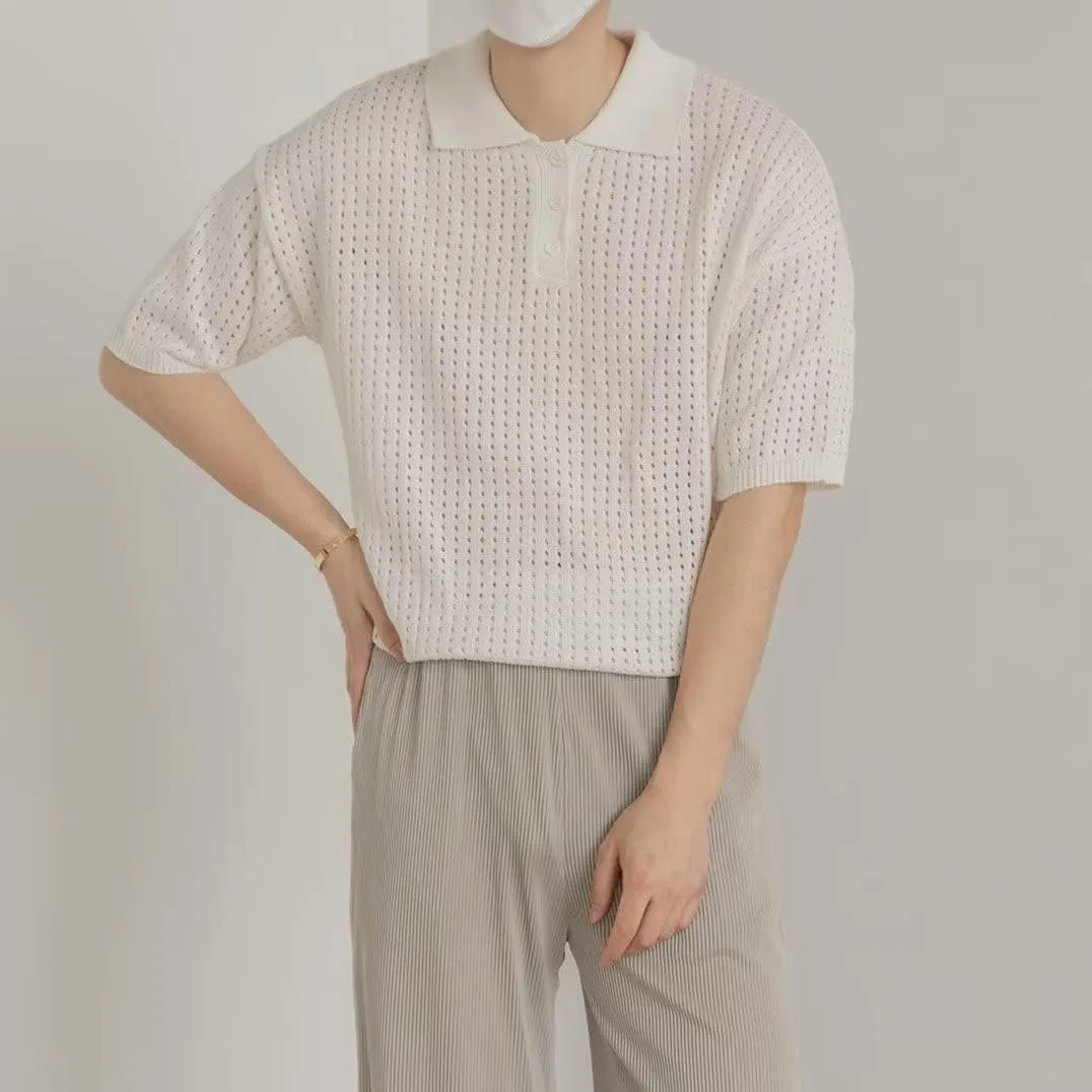 PEHMEA Man's Mesh Breathable Lapel Knit Short Sleeves T Shirt Casual Pullover Hollow Out Polo Shirts Loose Top