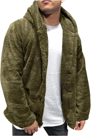 Plush Fleece Sherpa Jackets for Mens Fluffy Fuzzy Warm Hooded Coat Long Sleeve Button Down Fashion Fall Winter Tops