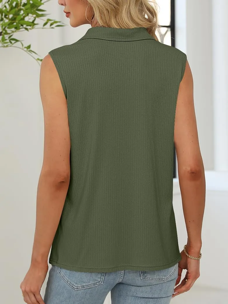 Poetsky Womens Summer Sleeveless Tank Top Zipper V Neck Collared Top Dressy Casual Ribbed Camisole Work Tank Polo Shirt
