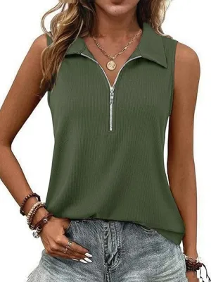 Poetsky Womens Summer Sleeveless Tank Top Zipper V Neck Collared Top Dressy Casual Ribbed Camisole Work Tank Polo Shirt