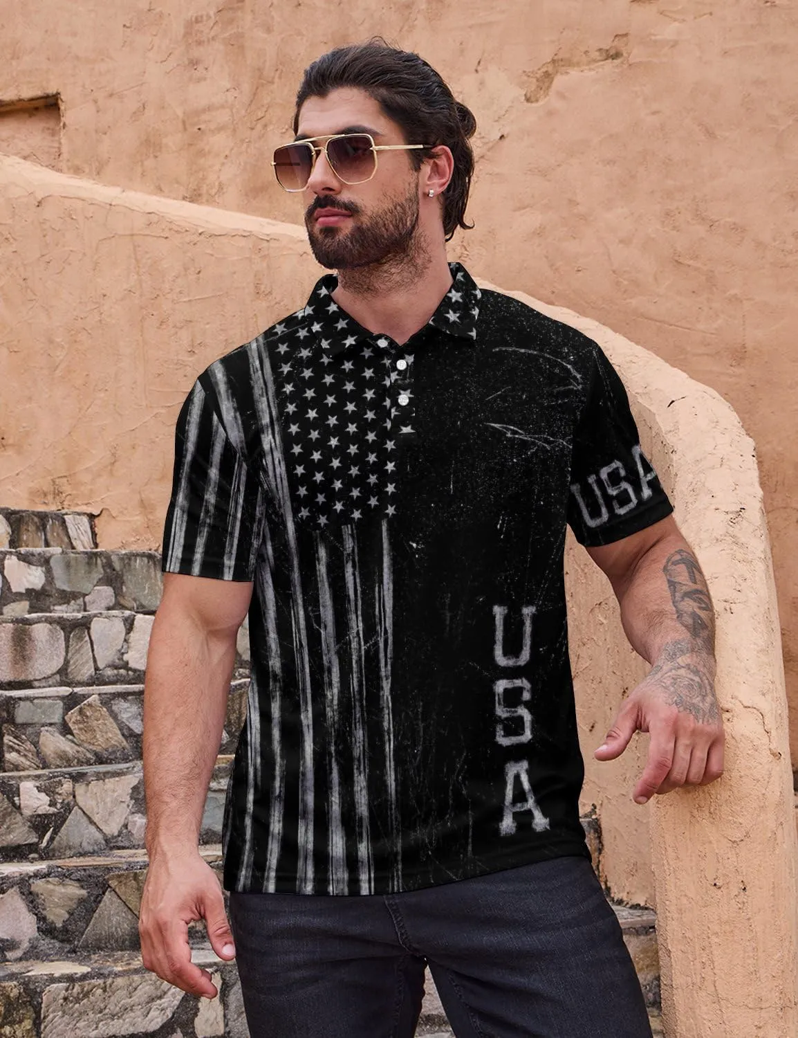 Polo Shirts for Men Moisture Wicking Fun Printed Short Sleeve Performance Mens Golf Shirts Quick Dry