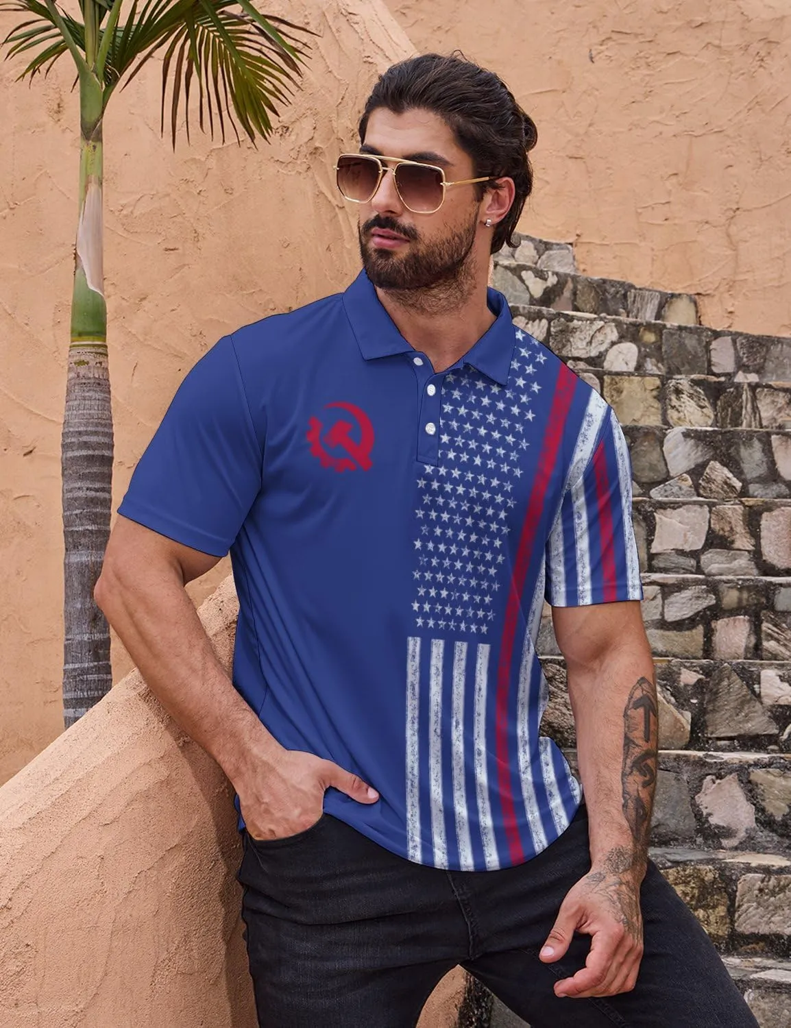 Polo Shirts for Men Moisture Wicking Fun Printed Short Sleeve Performance Mens Golf Shirts Quick Dry
