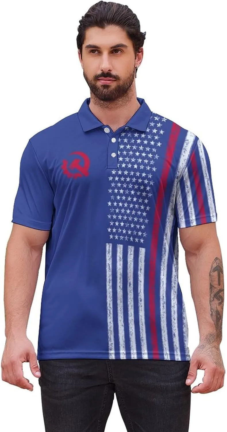 Polo Shirts for Men Moisture Wicking Fun Printed Short Sleeve Performance Mens Golf Shirts Quick Dry