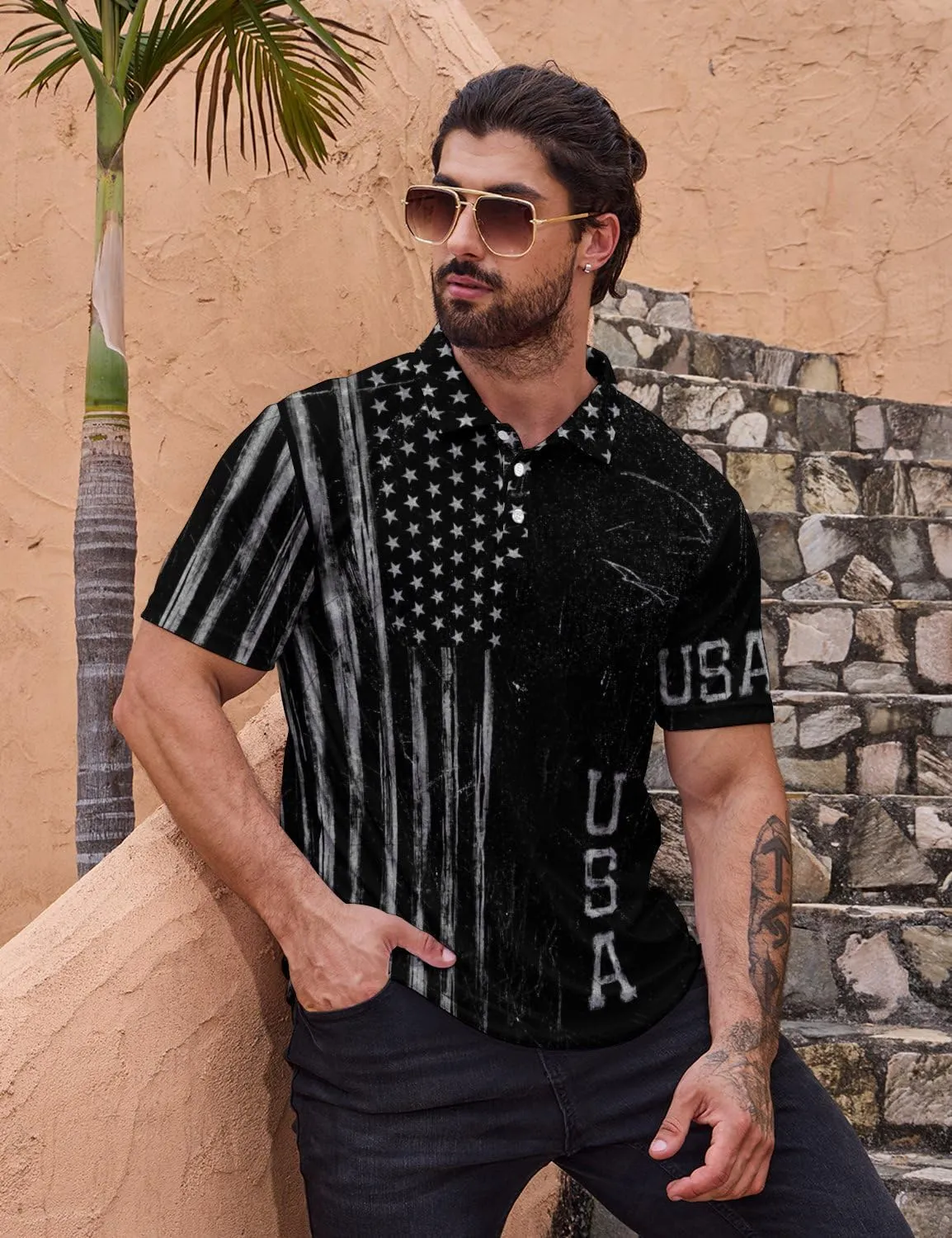 Polo Shirts for Men Moisture Wicking Fun Printed Short Sleeve Performance Mens Golf Shirts Quick Dry