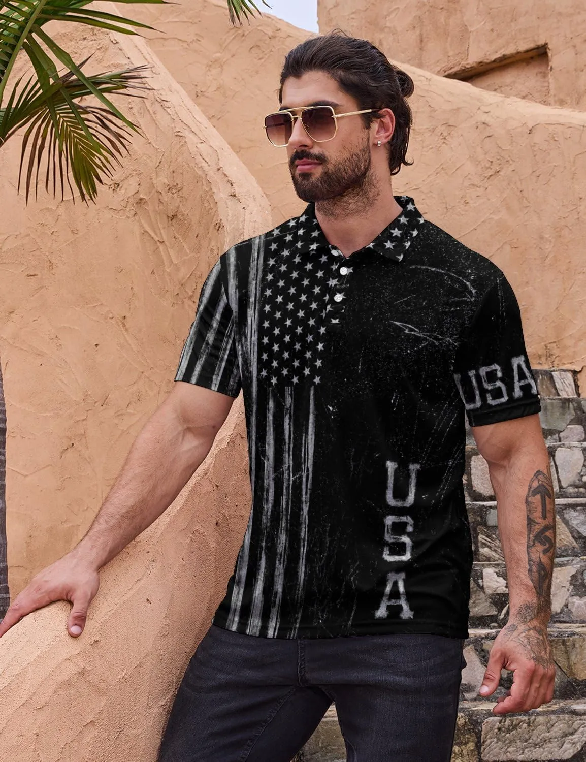 Polo Shirts for Men Moisture Wicking Fun Printed Short Sleeve Performance Mens Golf Shirts Quick Dry