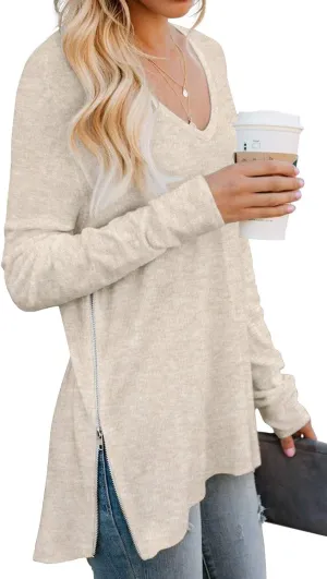 PrinStory Women's Long Sleeve Shirt Fall Tops Casual V Neck Side Split Shirt With Side Zipper