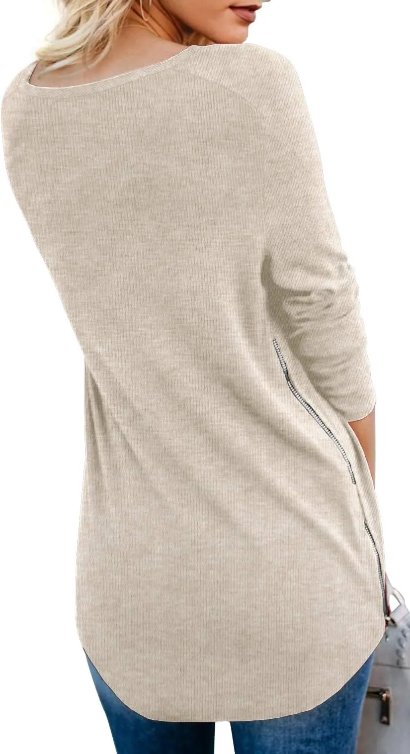 PrinStory Women's Long Sleeve Shirt Fall Tops Casual V Neck Side Split Shirt With Side Zipper