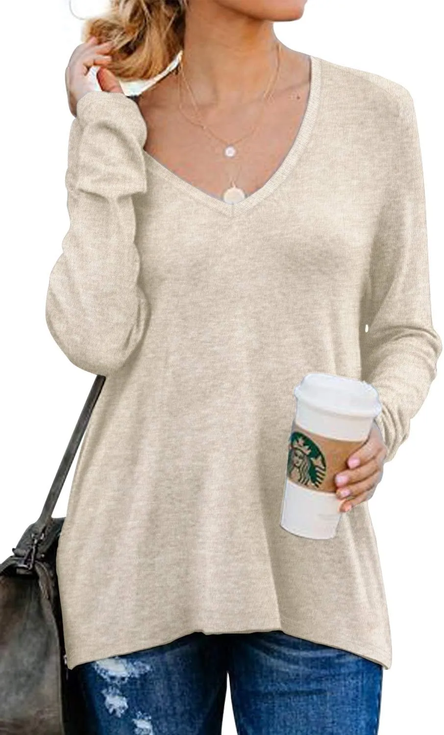 PrinStory Women's Long Sleeve Shirt Fall Tops Casual V Neck Side Split Shirt With Side Zipper