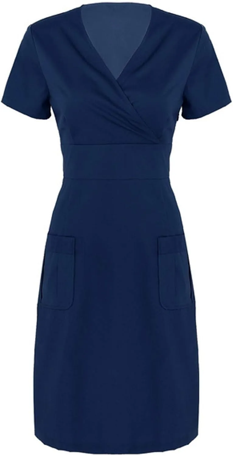 Scrub Dresses for Women Short Sleeve V Neck Working Wrap Dress Solid Color Knee Length Dresses with Pockets