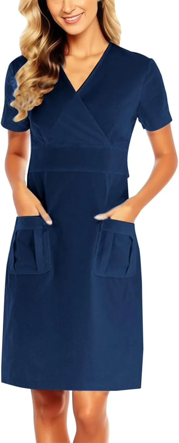 Scrub Dresses for Women Short Sleeve V Neck Working Wrap Dress Solid Color Knee Length Dresses with Pockets