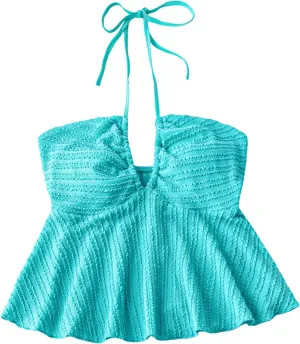 SHENHE Women's Tie Halter Neck Backless Ruffle Hem Sexy Peplum Crop Top Sleeveless Top