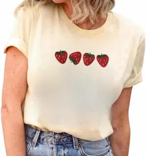 Strawberry Shirt Peach T-Shirt Vintage Boho Kawaii Fruit Graphic Tees Shirt Gift for Women Garden Clothing