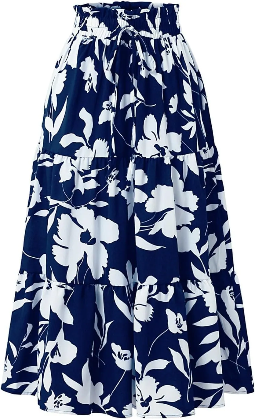 Summer Midi Skirts for Women Fashion Floral Print Elastic High Waist Ruffle Hem Skirt Casual Flowy Color Block Skirt