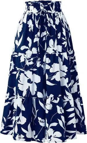 Summer Midi Skirts for Women Fashion Floral Print Elastic High Waist Ruffle Hem Skirt Casual Flowy Color Block Skirt