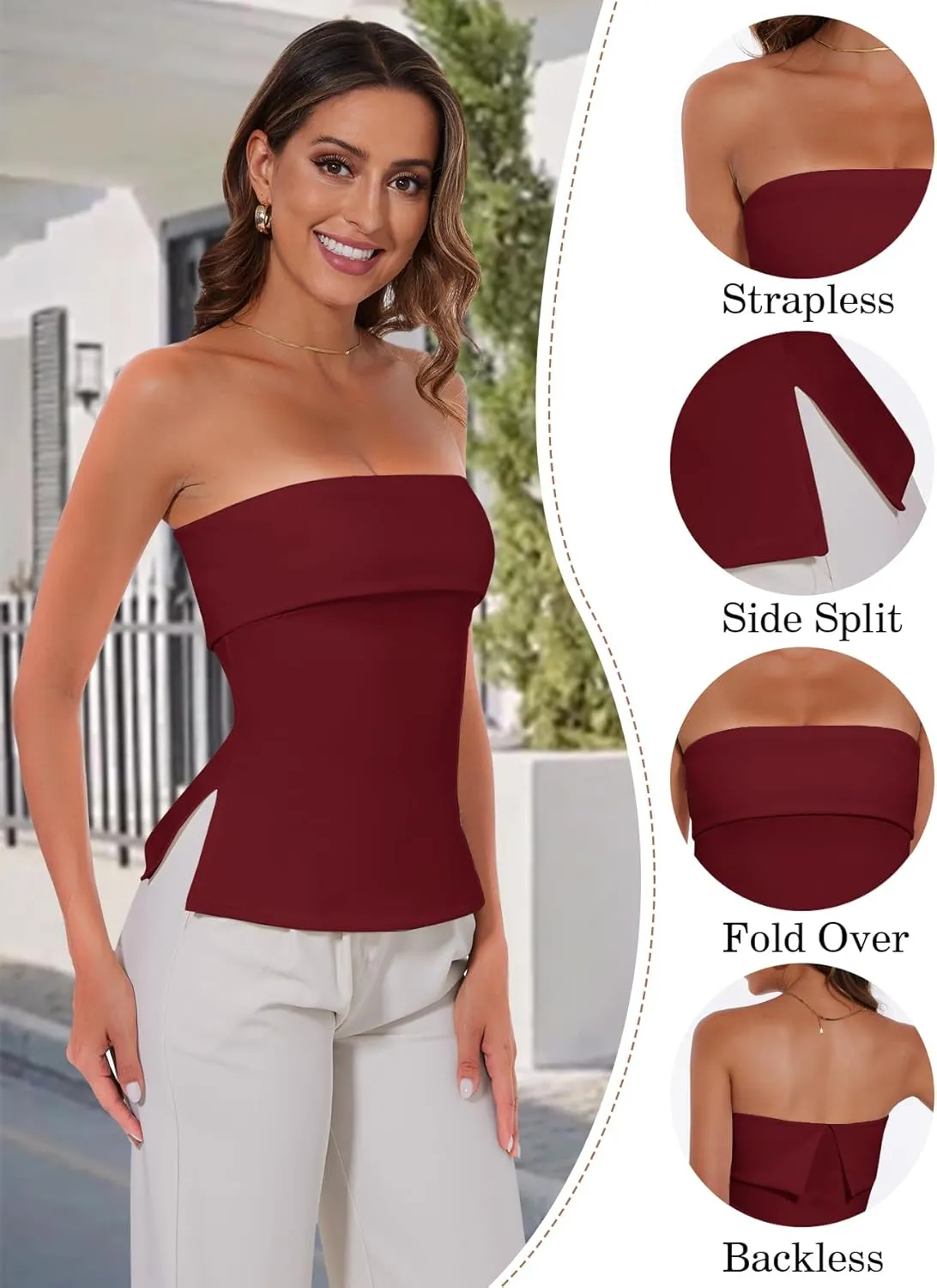 Tube Tops for Women Strapless Top Going Out Split Bandeau Top Slim Off Shoulder Bustier Backless Summer Tops