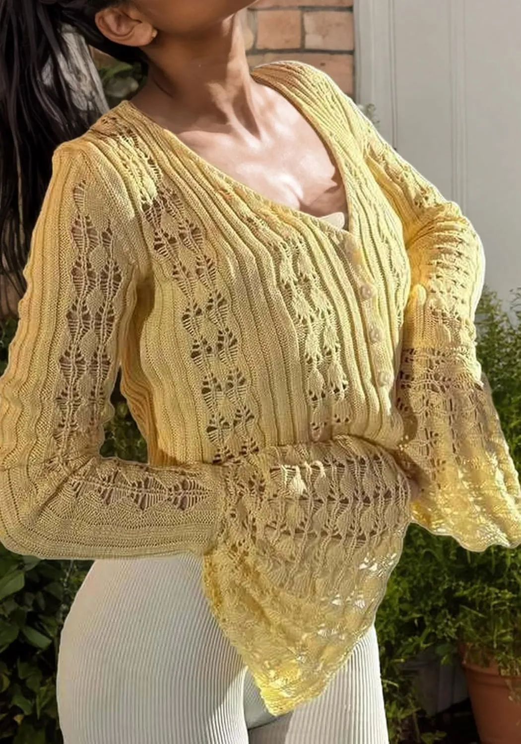 Unybwonn Women Cropped Cardigan Sweater Bell Long Sleeve Knit Crochet Cardigan Crop Top Casual Hollow Out Bolero Shrug