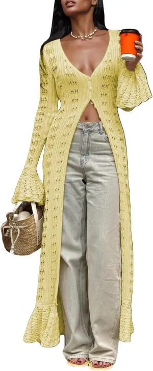 Unybwonn Women Cropped Cardigan Sweater Bell Long Sleeve Knit Crochet Cardigan Crop Top Casual Hollow Out Bolero Shrug