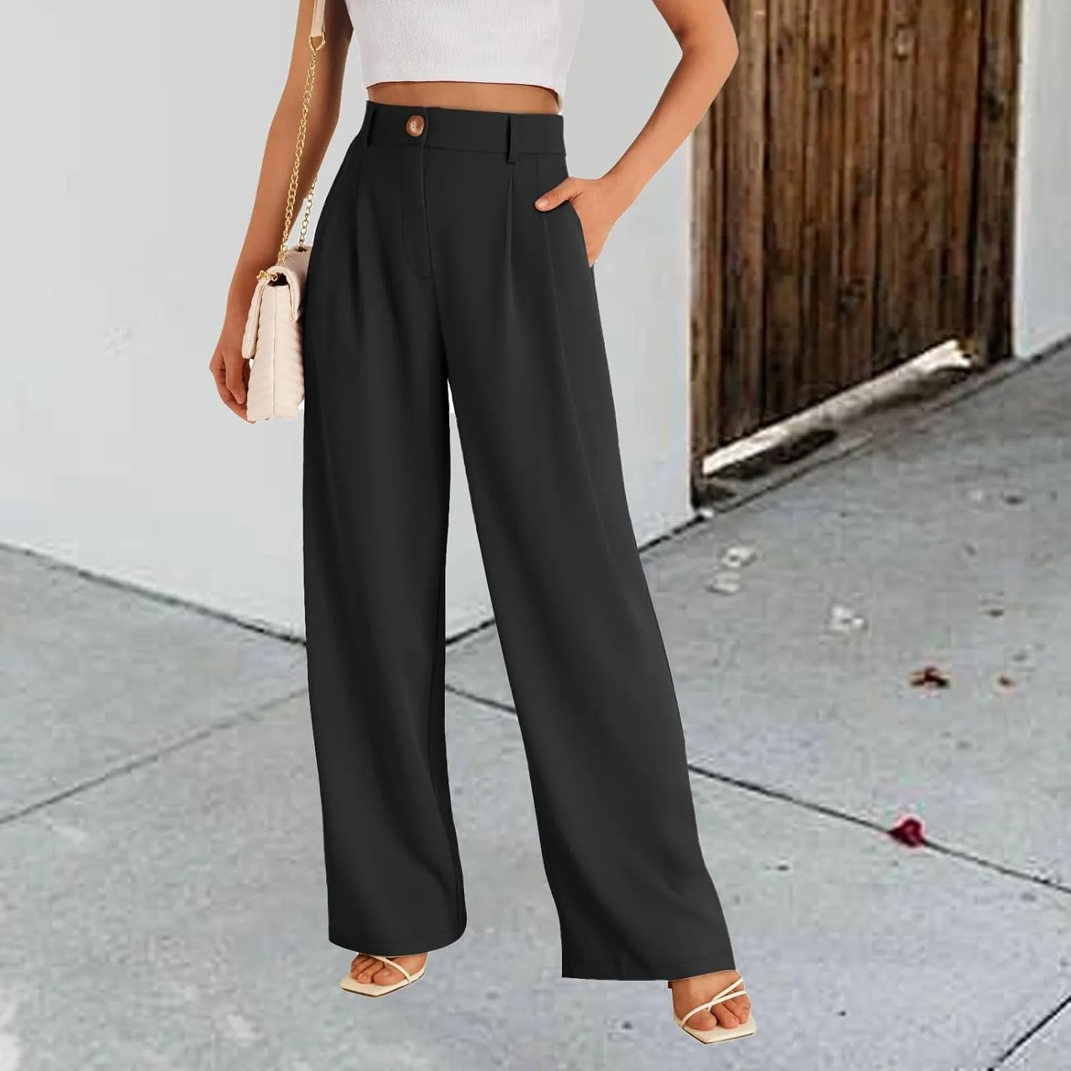 Wide Leg Dress Pants for Women High Waisted Lounge Pant Business Casual Trousers Flowy Palazzo Pants with Pocket