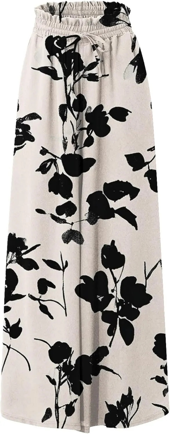 Wide Leg Pants Woman Palazzo Floral Dress Pants Flowy High Waisted Summer 2025 Beach Boho Trousers with Pockets