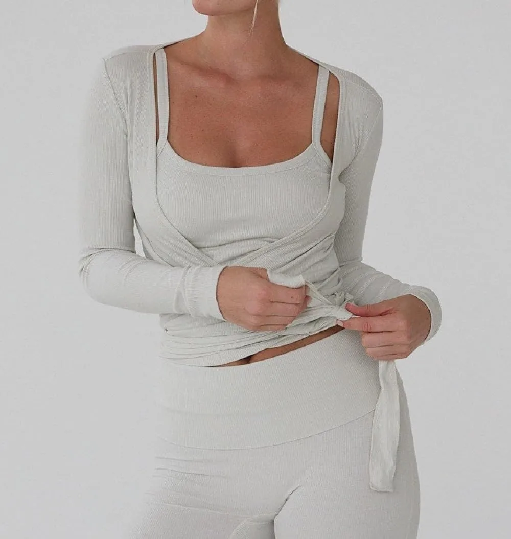Women Ballet Wrap Top Deep V Neck Cross Wrap Crop Top Slim Fit Tie Front Long Sleeve Workout Yoga Shirt Coquette Blouse