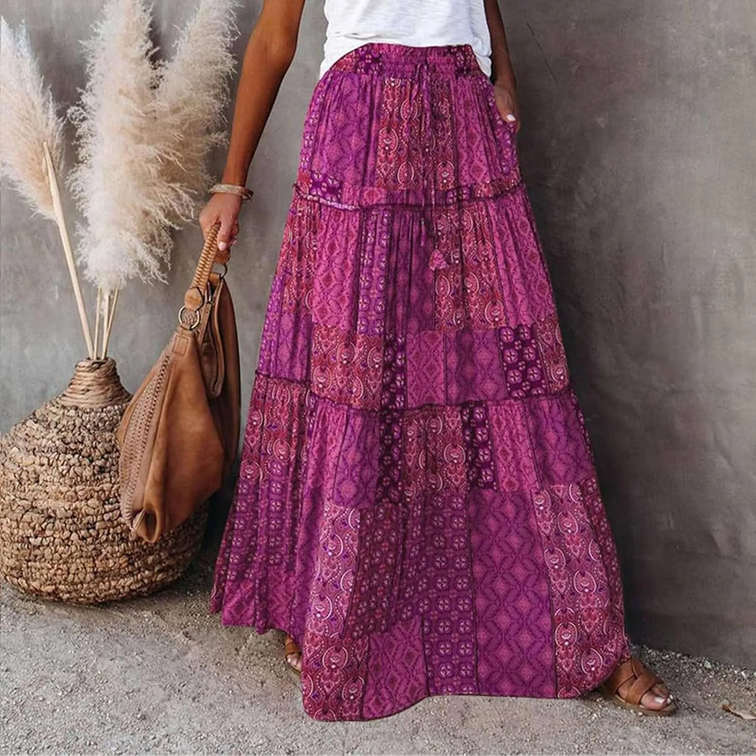 Womens Boho Maxi Skirts Summer Floral Print Elastic High Waisted Skorts Casual Flowy Tiered Ruffle Hem Long Skirts