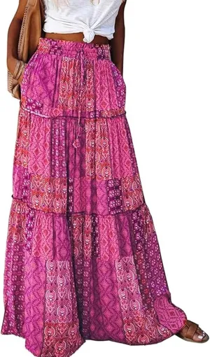 Womens Boho Maxi Skirts Summer Floral Print Elastic High Waisted Skorts Casual Flowy Tiered Ruffle Hem Long Skirts