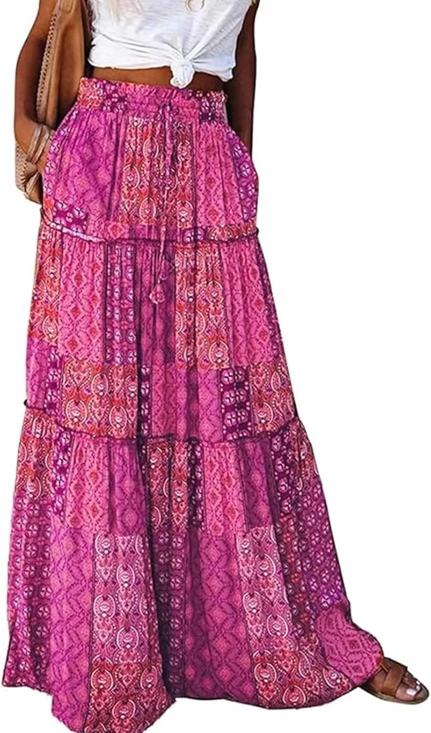 Womens Boho Maxi Skirts Summer Floral Print Elastic High Waisted Skorts Casual Flowy Tiered Ruffle Hem Long Skirts